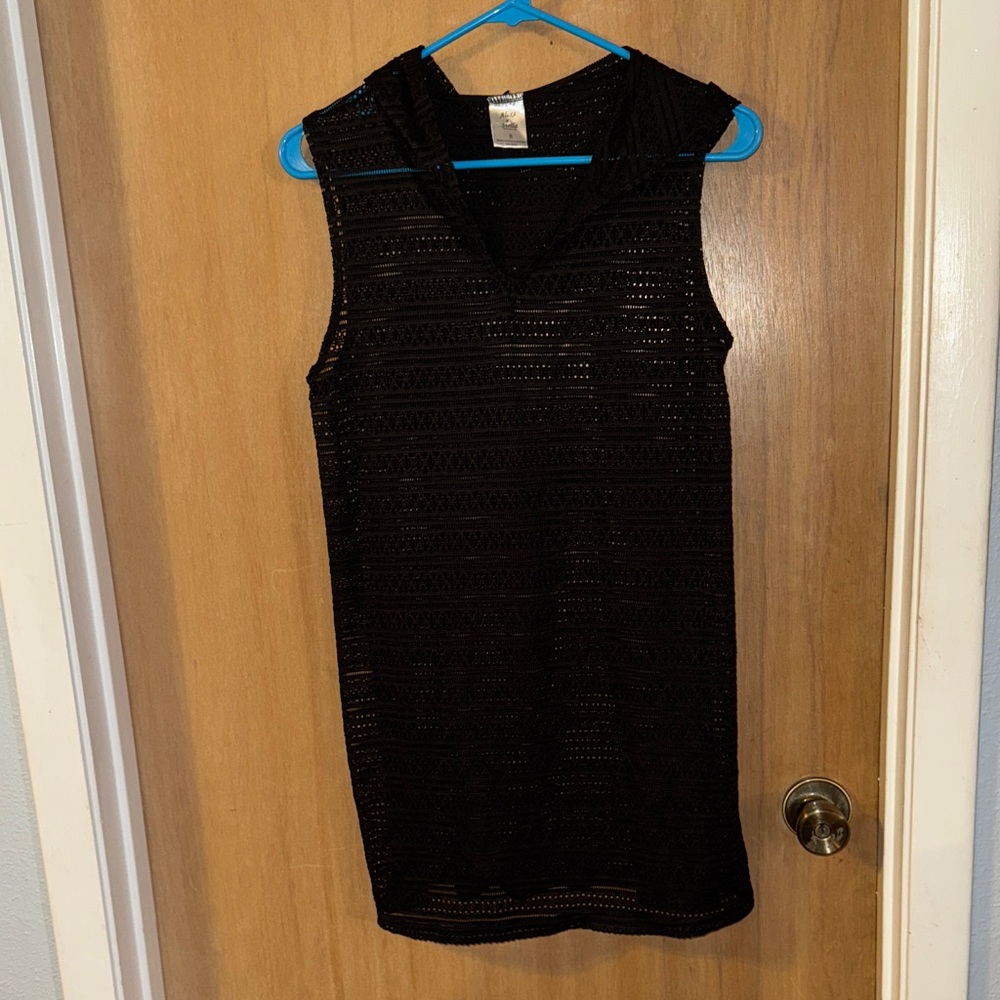 Alexa & Stella Black Sleeveless Crochet Hooded Swim Cover-up Small